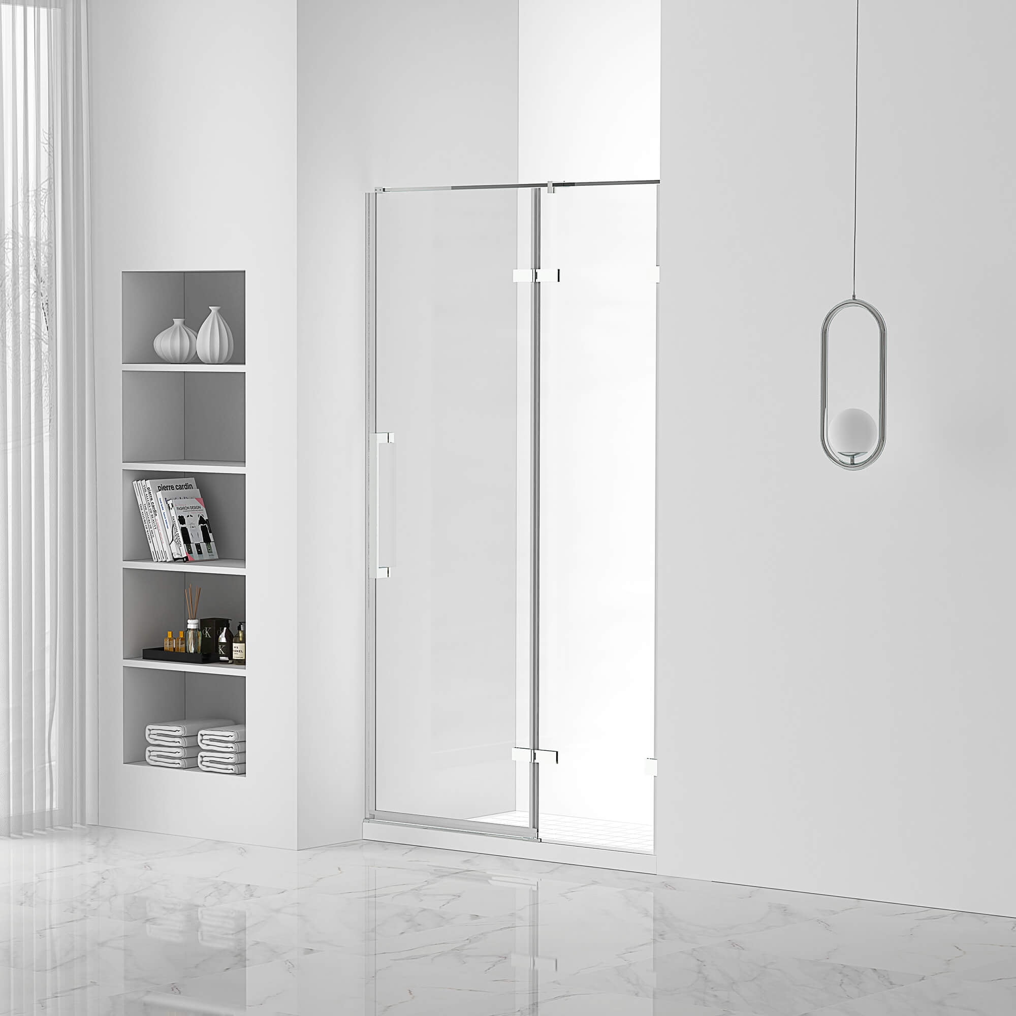 Fine Fixtures Hinged Frameless Shower Door Clear Tempered Glass Door