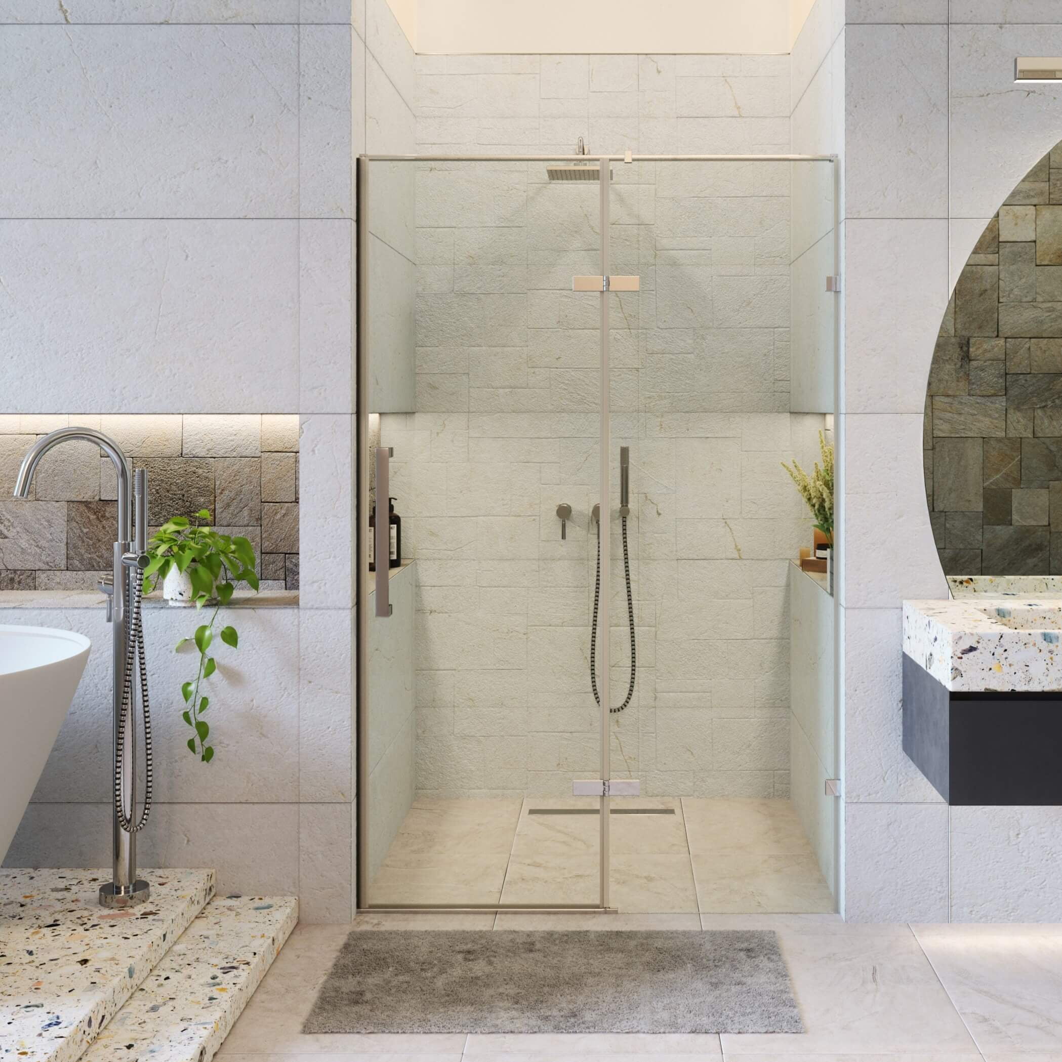 60'' Clear Tempered Glass Hinged Frameless Shower Door with Chrome Finish