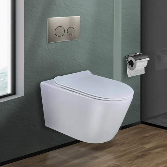 Fine Fixtures In-Wall toilet Combo Set -  Toilet, Tank (2 x 6 Wall), Carrier System White Bowl Satin Nickel Round - Push Plates (Metal)