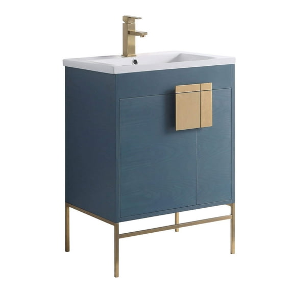 Fine Fixtures - Modern Blue 24" Bathroom Vanity Set, Satin Brass Hardware, Vitreous China Sink Top