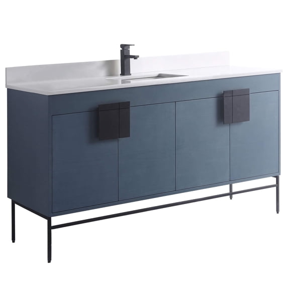 Fine Fixtures - Modern Blue 60" Bathroom Vanity Set,Black Matte Hardware, Phoenix Sintered Stone Top
