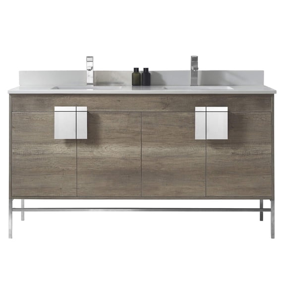 Fine Fixtures - Modern Gray 60" Bathroom Vanity Set, Chrome Hardware, Phoenix Sintered Stone Top