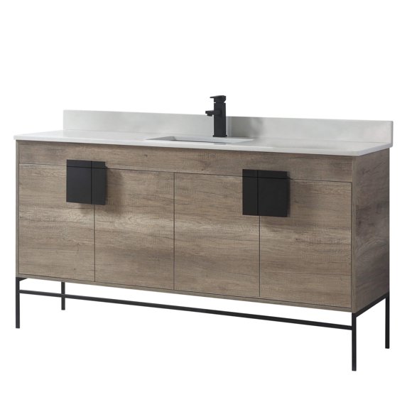 Fine Fixtures - Modern Grey 60" Bathroom Vanity Set, Black Matte Hardware, Phoenix Stone Marble Top