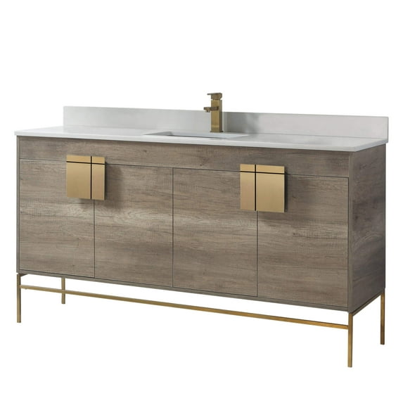 Fine Fixtures - Modern Grey 60" Bathroom Vanity Set, Satin Brass Hardware, Phoenix Stone Marble Top