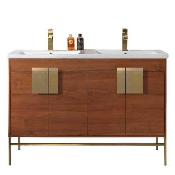 Fine Fixtures - Modern Wallnut 48" Bathroom Vanity Set, Satin Brass Hardware, Vitreous China Sink Top