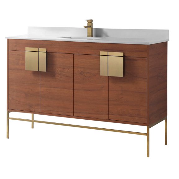 Fine Fixtures - Modern Wallnut 60" Bathroom Vanity Set, Satin Brass Hardware, Phoenix Sintered Stone Top