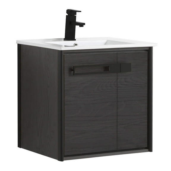 Fine Fixtures Oakville 24 in. W x 18 in. D x 33 in. H Wall Mounted Bathroom Vanity in Black Coal Oak with White Ceramic Sink - Black hardware