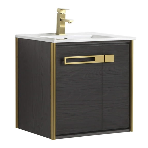 Fine Fixtures Oakville 24 in. W x 18 in. D x 33 in. H Wall Mounted Bathroom Vanity in Black Coal Oak with White Ceramic Sink - Satin Brass hardware