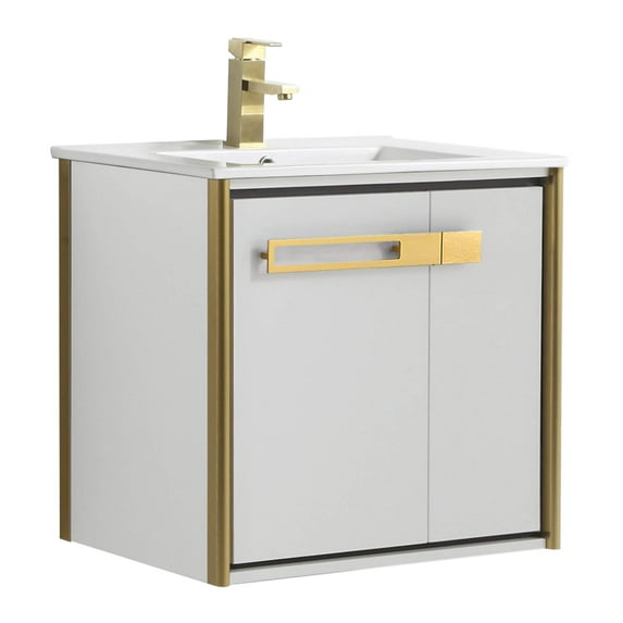 Fine Fixtures Oakville 24 in. W x 18 in. D x 33 in. H Wall Mounted Bathroom Vanity in Matte White with White Ceramic Sink - Satin Brass hardware