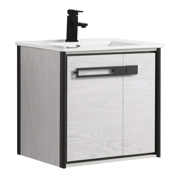 Fine Fixtures Oakville 24 in. W x 18 in. D x 33 in. H Wall Mounted Bathroom Vanity in Mild Grey Oak with White Ceramic Sink - Black hardware