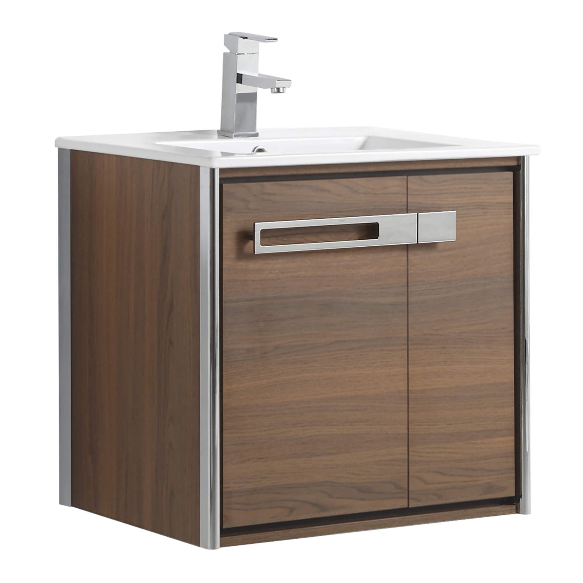 Walnut Ebony 24" Wall-Mounted Bathroom Vanity with White Ceramic Sink