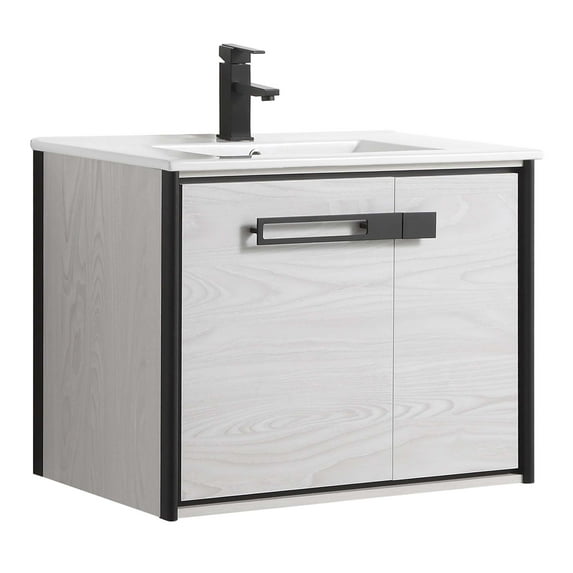 Fine Fixtures Oakville 30 in. W x 18 in. D x 33 in. H Wall Mounted Bathroom Vanity in Mild Grey Oak with White Ceramic Sink - Black hardware