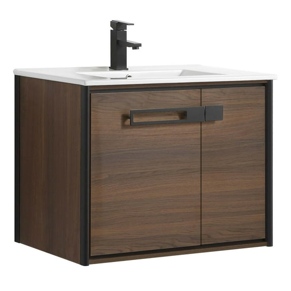 Fine Fixtures Oakville 30 in. W x 18 in. D x 33 in. H Wall Mounted Bathroom Vanity in Walnut Ebony with White Ceramic Sink - Black hardware