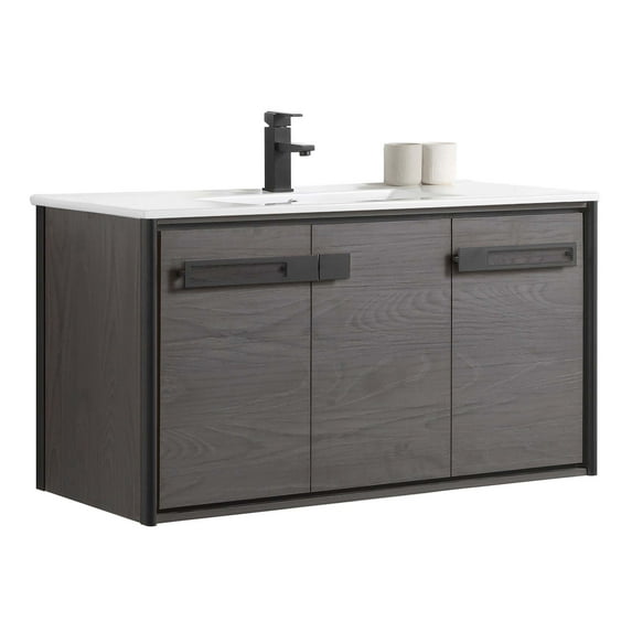 Fine Fixtures Oakville 42 in. W x 18 in. D x 33 in. H Wall Mounted Bathroom Vanity in Black Coal Oak with White Ceramic Sink - Black hardware