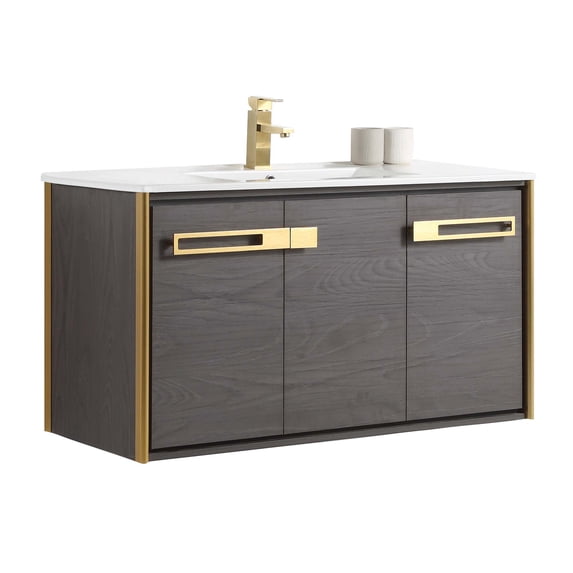 Fine Fixtures Oakville 42 in. W x 18 in. D x 33 in. H Wall Mounted Bathroom Vanity in Black Coal Oak with White Ceramic Sink
