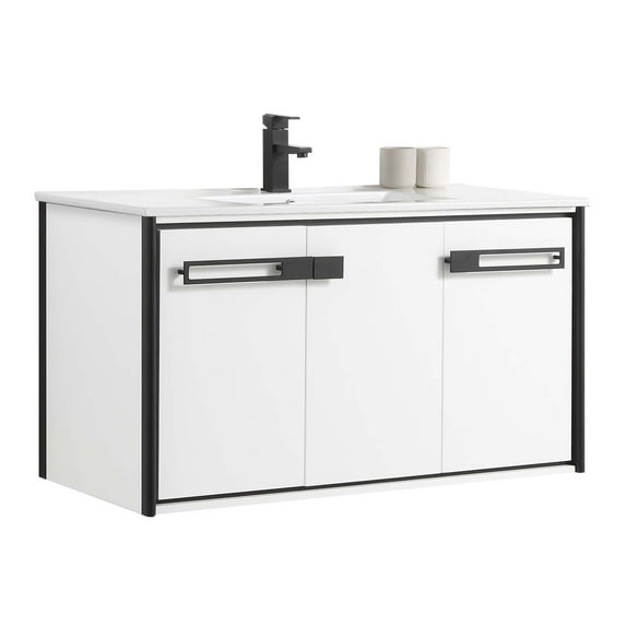 Fine Fixtures Oakville 42 in. W x 18 in. D x 33 in. H Wall Mounted Bathroom Vanity in Matte White with White Ceramic Sink - Black hardware