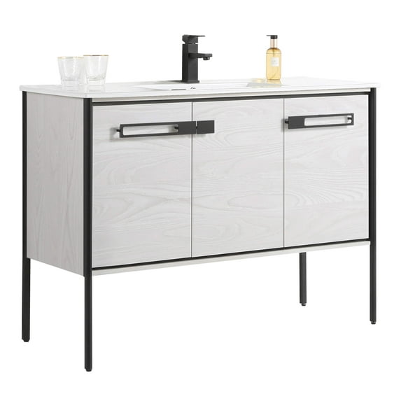 Fine Fixtures Oakville 48 in. W x 18 in. D x 33 in. H Bathroom Vanity in Mild Grey Oak with White Ceramic Sink - Black hardware