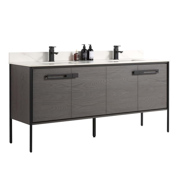 Fine Fixtures Oakville 72 in. W x 20 in. D x 33 in. H Bathroom Vanity in Black Coal Oak with White Ceramic Sink - Black hardware