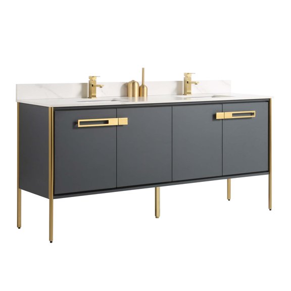 Fine Fixtures Oakville 72 in. W x 20 in. D x 33 in. H Bathroom Vanity in Onix Grey with White Ceramic Sink - Satin Brass hardware