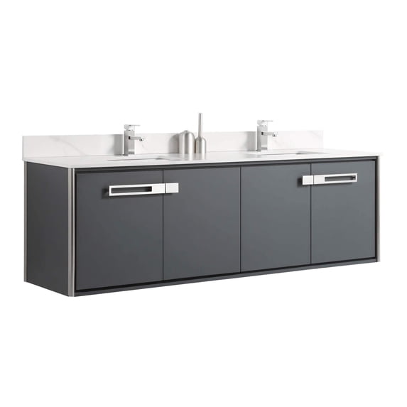 Fine Fixtures Oakville 72 in. W x 20 in. D x 33 in. H Wall Mounted Bathroom Vanity in Onix Grey with White Ceramic Sink - Chrome hardware