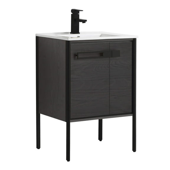 Fine Fixtures Oakville Bathroom Vanity with White Ceramic Sink Black Coal Oak - Black Hardware 24 Inch