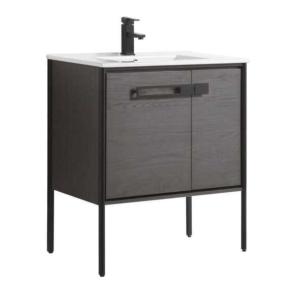 Fine Fixtures Oakville Bathroom Vanity with White Ceramic Sink Black Coal Oak - Black Hardware 30 Inch
