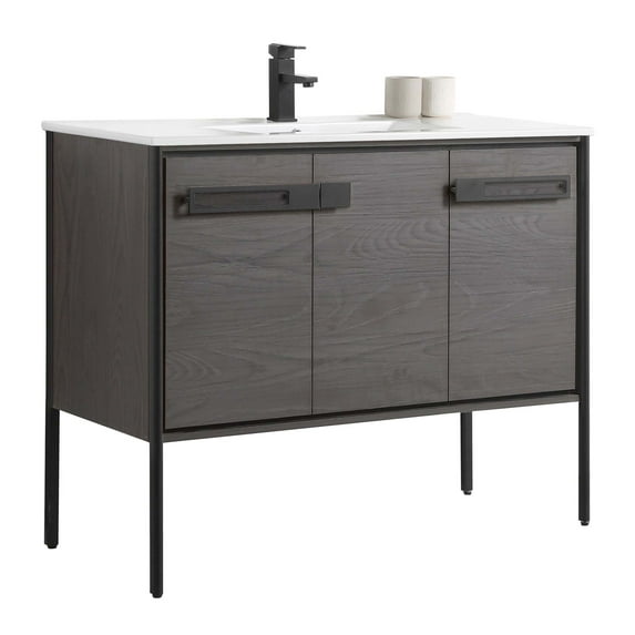 Fine Fixtures Oakville Bathroom Vanity with White Ceramic Sink Black Coal Oak - Black Hardware 42 Inch