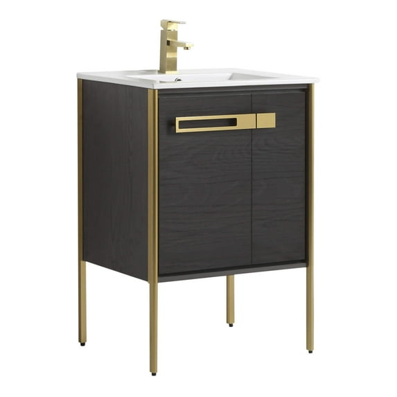 Fine Fixtures Oakville Bathroom Vanity with White Ceramic Sink Black Coal Oak - Satin Brass Hardware 24 Inch