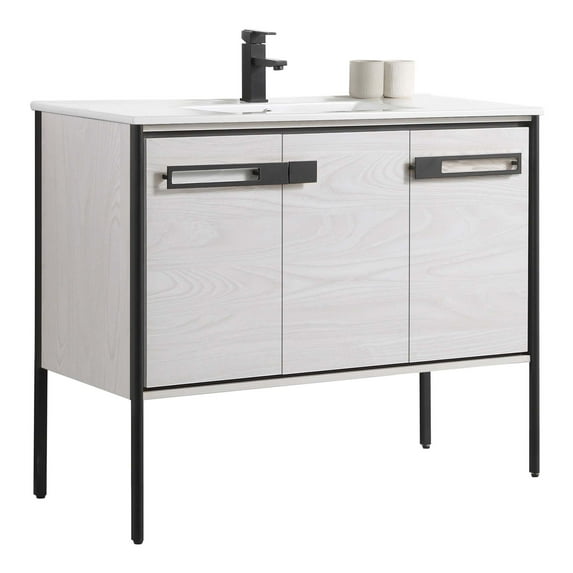 Fine Fixtures Oakville Bathroom Vanity with White Ceramic Sink Mild Grey Oak - Black Hardware 42 Inch