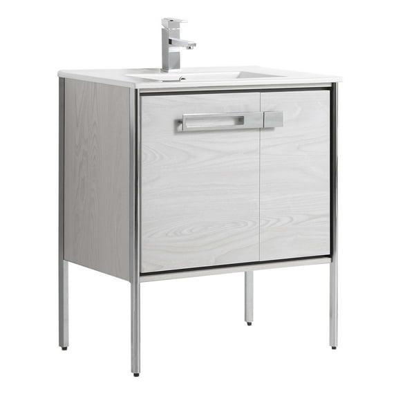 Fine Fixtures Oakville Bathroom Vanity with White Ceramic Sink Mild Grey Oak - Chrome Hardware 30 Inch