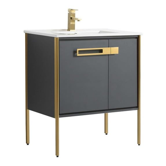 Fine Fixtures Oakville Bathroom Vanity with White Ceramic Sink Onix Grey - Satin Brass Hardware 30 Inch