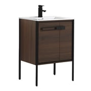 Fine Fixtures Oakville Bathroom Vanity with White Ceramic Sink Walnut Ebony - Black Hardware 24 Inch