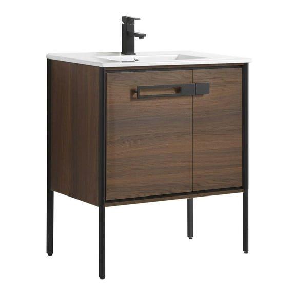 Fine Fixtures Oakville Bathroom Vanity with White Ceramic Sink Walnut Ebony - Black Hardware 30 Inch