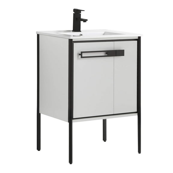 Fine Fixtures  Oakville Bathroom Vanity  with White Ceramic Sink White Matte - Black Hardware 24 Inch