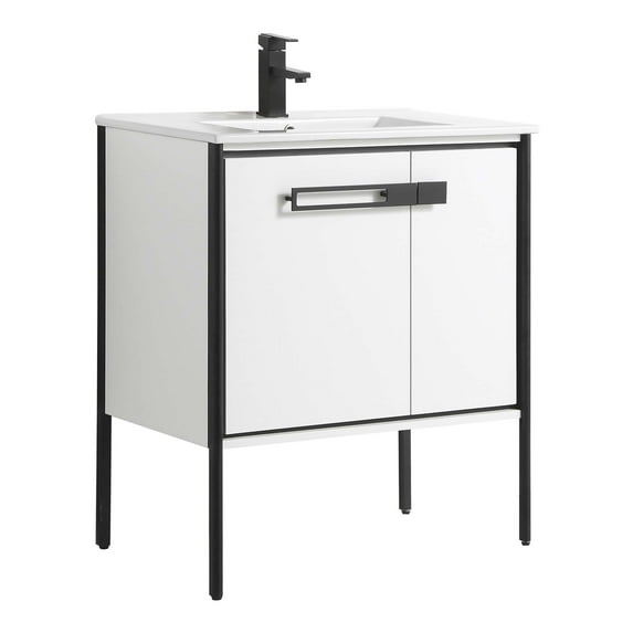 Fine Fixtures Oakville Bathroom Vanity with White Ceramic Sink White Matte - Black Hardware 30 Inch