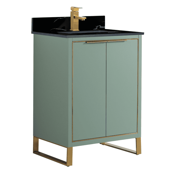Fine Fixtures Opulence Collection 24 in. W x 18 in. D x 33 in. H Bathroom Vanity in Mint Green with Black Marble Sintered Stone Sink - Satin Brass hardware