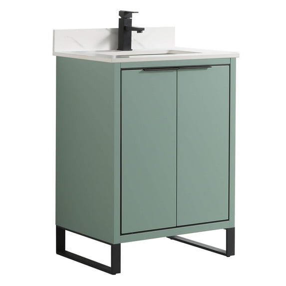 Fine Fixtures Opulence Collection 24 in. W x 18 in. D x 33 in. H Bathroom Vanity in Mint Green with White Carrara Sintered Stone Sink - Black hardware