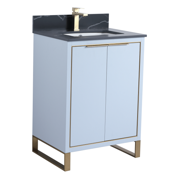 Fine Fixtures Opulence Collection 24 in. W x 18 in. D x 33 in. H Bathroom Vanity in Pastel Blue with Black Marble Sintered Stone Sink - Satin Brass hardware