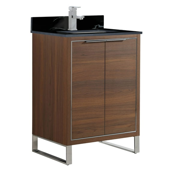 Fine Fixtures Opulence Collection 24 in. W x 18 in. D x 33 in. H Bathroom Vanity in Walnut Ebony with Black Marble Sintered Stone Sink - Chrome hardware