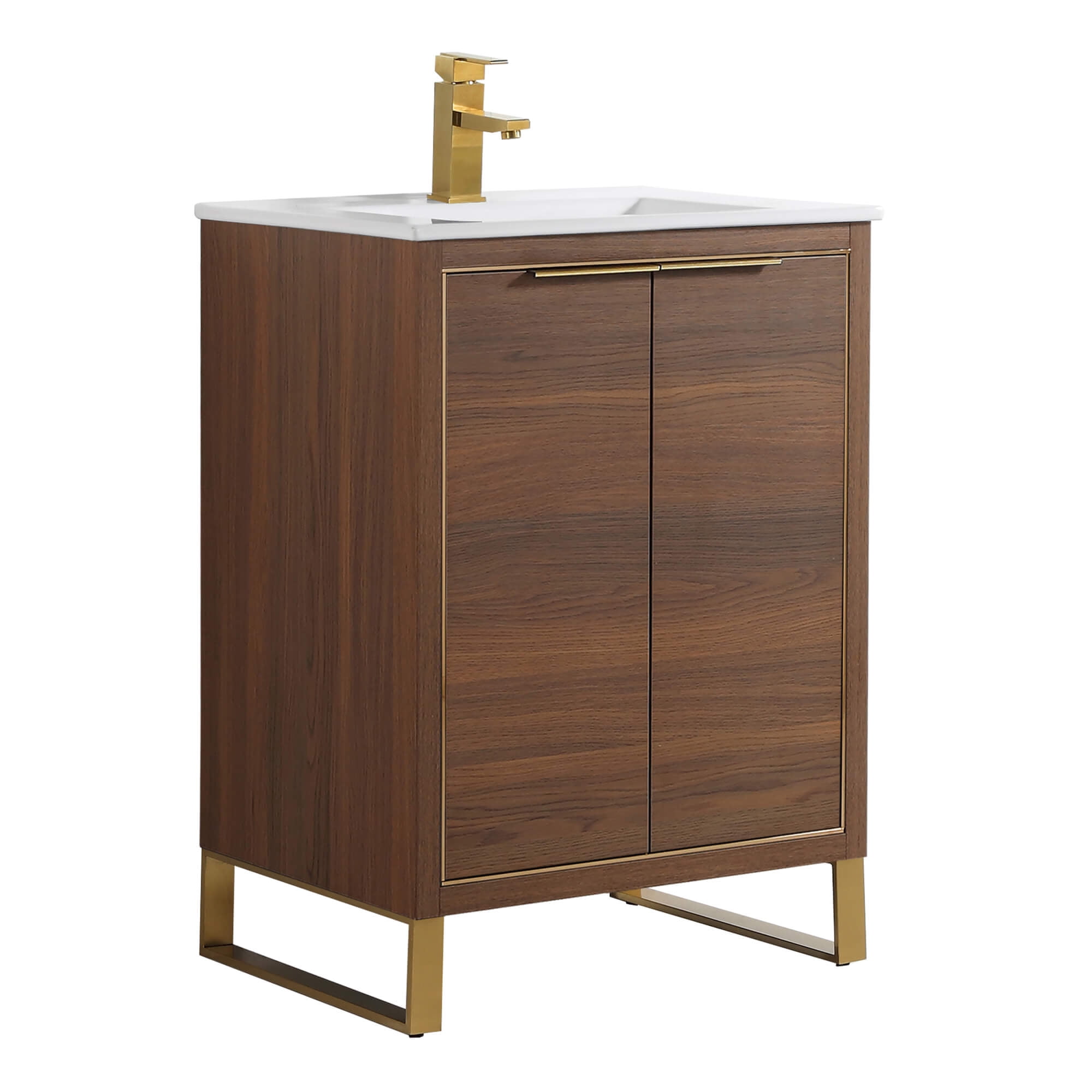 Fine Fixtures Opulence Collection 24 in. W x 18 in. D x 33 in. H Bathroom Vanity in Walnut Ebony with White Ceramic Sink - Satin Brass hardware