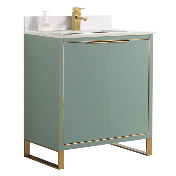 Fine Fixtures Opulence Collection 30 in. W x 18 in. D x 33 in. H Bathroom Vanity in Mint Green with White Carrara Sintered Stone Sink - Satin Brass hardware