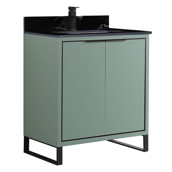 Fine Fixtures Opulence Collection 30 in. W x 18 in. D x 33 in. H Bathroom Vanity in Mint Green with Black Marble Sintered Stone Sink - Black hardware