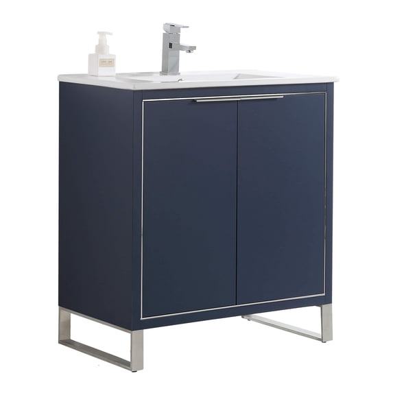 Fine Fixtures Opulence Collection 30 in. W x 18 in. D x 33 in. H Bathroom Vanity in Navy Blue with White Ceramic Sink - Chrome hardware