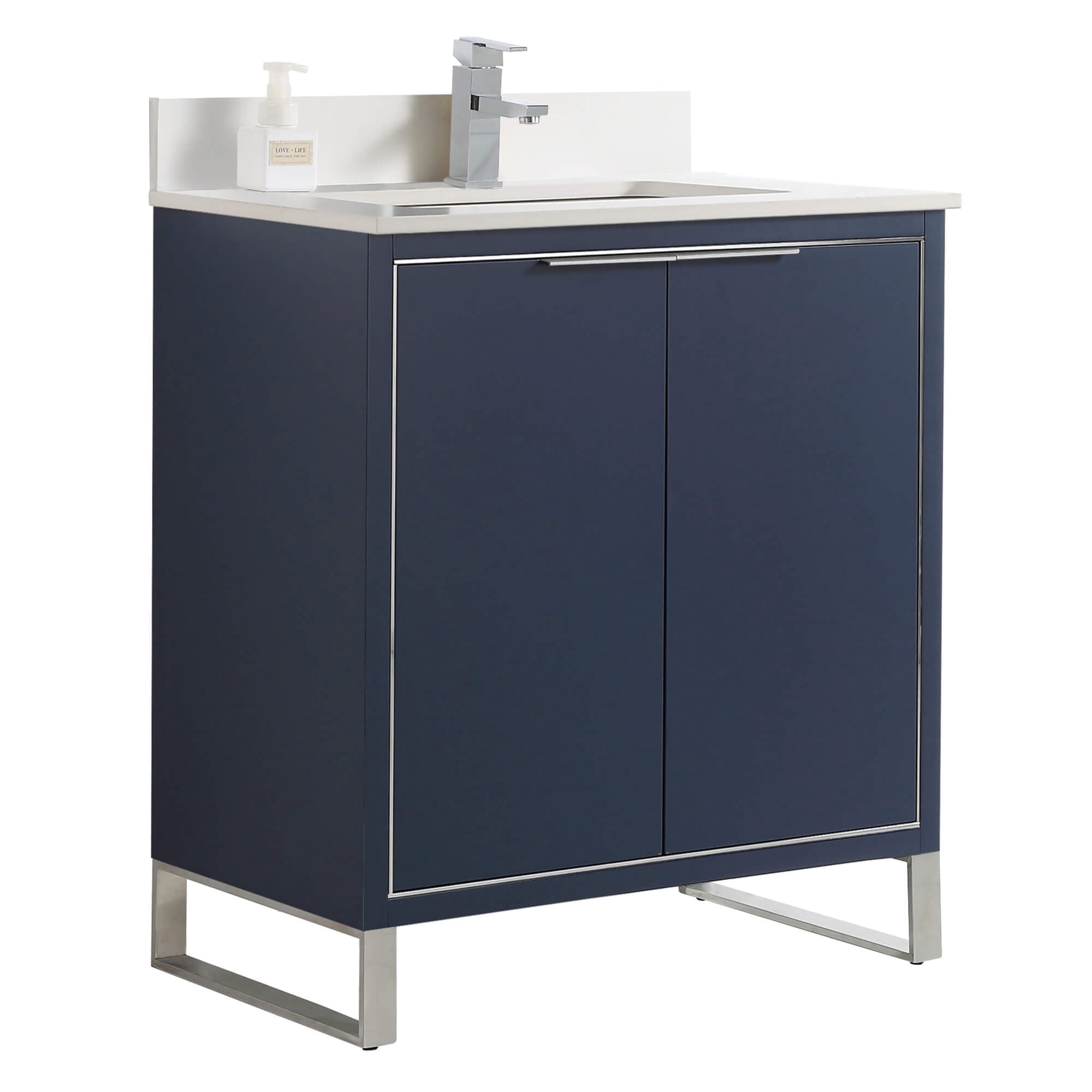 Fine Fixtures Opulence Collection 30 in. W x 18 in. D x 33 in. H Bathroom Vanity in Navy Blue with White Matte Sintered Stone Sink - Chrome hardware