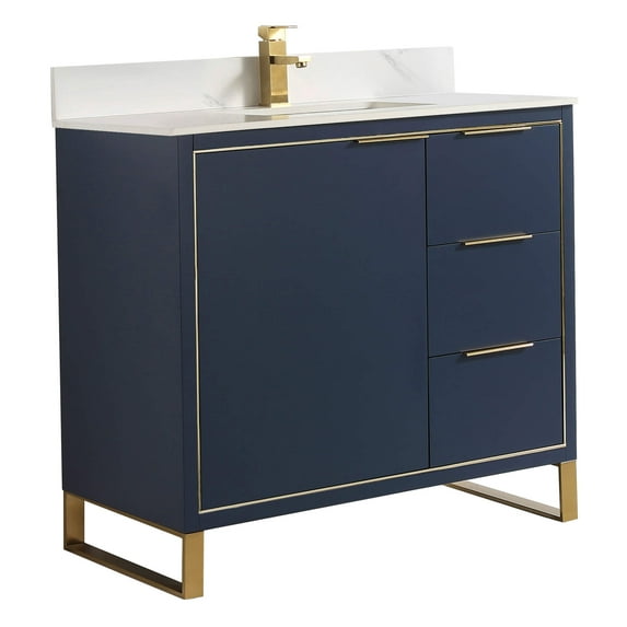Fine Fixtures Opulence Collection 36 in. W x 18 in. D x 33 in. H Bathroom Vanity in Navy Blue with White Carrara Sintered Stone Sink - Satin Brass hardware