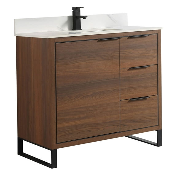 Fine Fixtures Opulence Collection 36 in. W x 18 in. D x 33 in. H Bathroom Vanity in Walnut Ebony with White Carrara Sintered Stone Sink - Black hardware