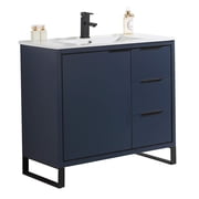 Fine Fixtures Opulence Collection 36 in. W x 18 in. D x 33 in. H Bathroom Vanity in Navy Blue with White Ceramic Sink - Black hardware