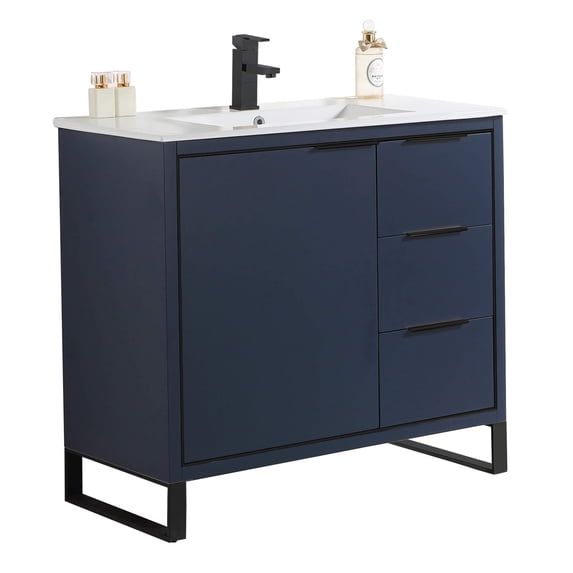 Fine Fixtures Opulence Collection 36 in. W x 18 in. D x 33 in. H Bathroom Vanity in Navy Blue with White Ceramic Sink - Black hardware