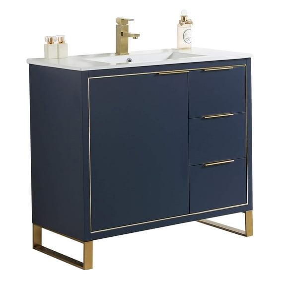 Fine Fixtures Opulence Collection 36 in. W x 18 in. D x 33 in. H Bathroom Vanity in Navy Blue with White Ceramic Sink - Satin Brass hardware