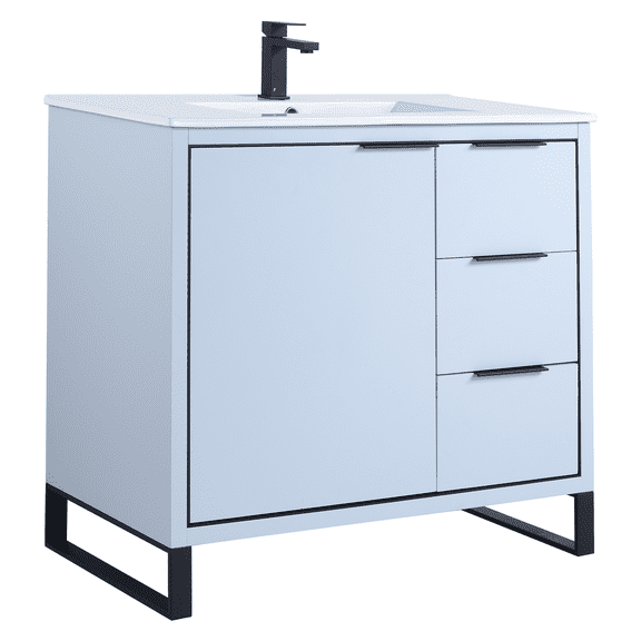 Fine Fixtures Opulence Collection 36 in. W x 18 in. D x 33 in. H Bathroom Vanity in Pastel Blue with White Ceramic Sink - Black hardware